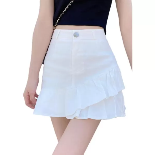 IDEALSANXUN Bodycon Mini Jean Skirt for Women 2023 Fall Winter High Waisted Ruffle Short A Line Denim SkirtsWhite