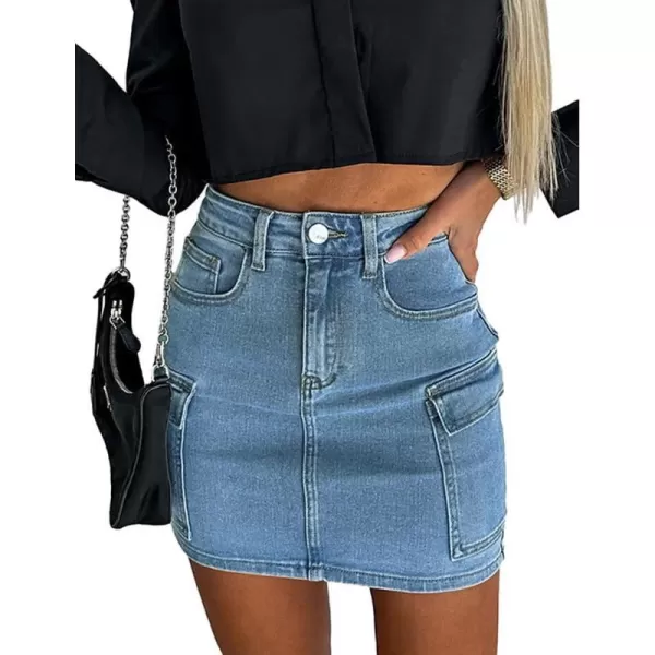 IDEALSANXUN Cargo Blue Jean Skirts for Women High Waisted Pencil Bodycon Y2K Fall Denim Mini SkirtBlue