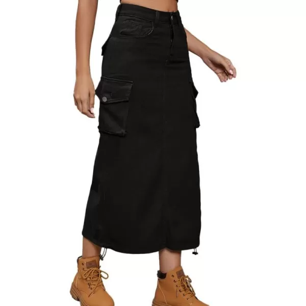 IDEALSANXUN Cargo Skirts for Women Midi Long Denim Jean Skirt1black