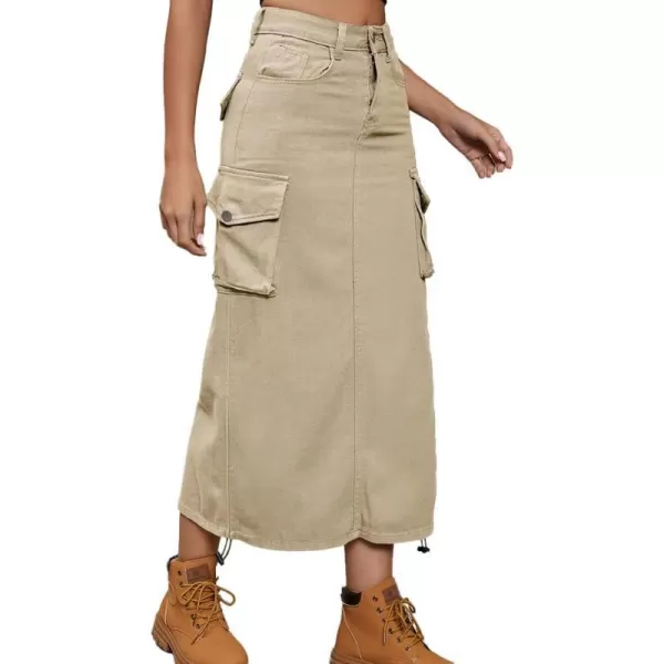 IDEALSANXUN Cargo Skirts for Women Midi Long Denim Jean Skirt1khaki