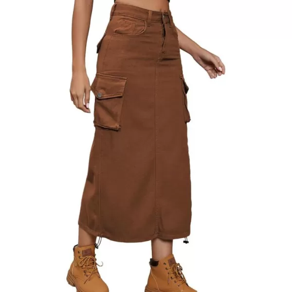 IDEALSANXUN Cargo Skirts for Women Midi Long Denim Jean SkirtBrown