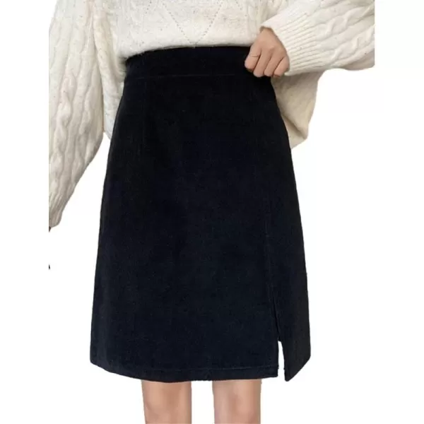 IDEALSANXUN Corduroy Knee Length Skirt for Women High Waisted A Line Fall Winter Skirt with SlitBlack