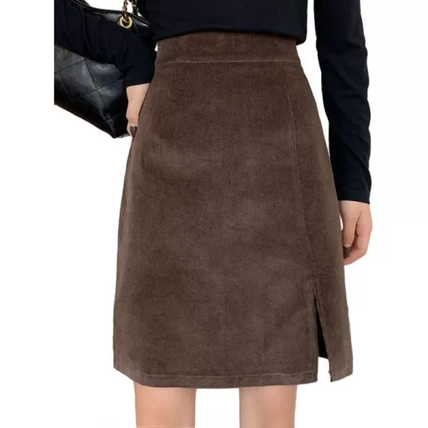 IDEALSANXUN Corduroy Knee Length Skirt for Women High Waisted A Line Fall Winter Skirt with SlitCoffee