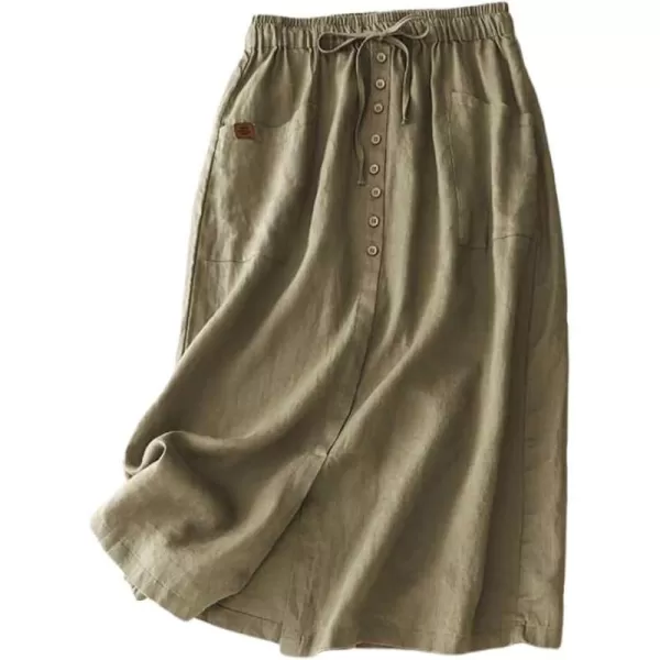 IDEALSANXUN Cotton Linen Skirt for Women High Waisted Spring Summer Flowy A Line Long Midi SkirtKhaki