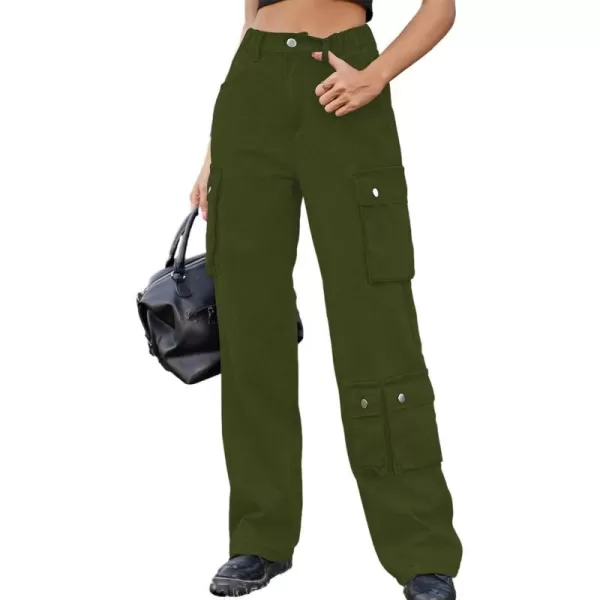 IDEALSANXUN Denim Cargo Pants for Women 2023 High Waisted Y2K Straight Leg Jeans Trousers with Flap PocketArmy Green