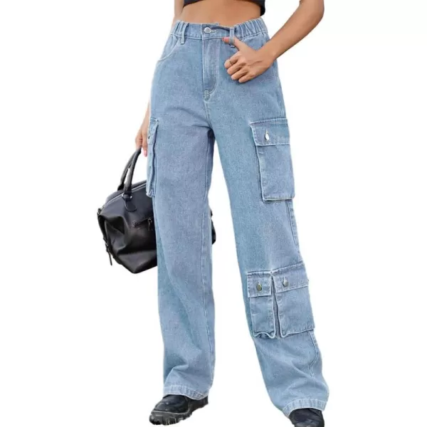 IDEALSANXUN Denim Cargo Pants for Women 2023 High Waisted Y2K Straight Leg Jeans Trousers with Flap PocketLight Blue
