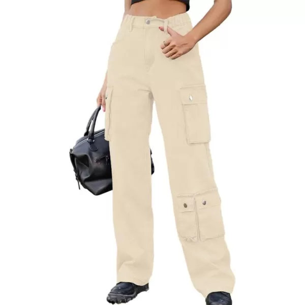 IDEALSANXUN Denim Cargo Pants for Women 2023 High Waisted Y2K Straight Leg Jeans Trousers with Flap PocketLight Khaki