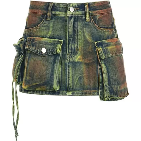 IDEALSANXUN Denim Cargo Skirt for Women Y2k High Waisted Asymmetrical Bodycon Fall 2023 Jean Mini SkirtGreen