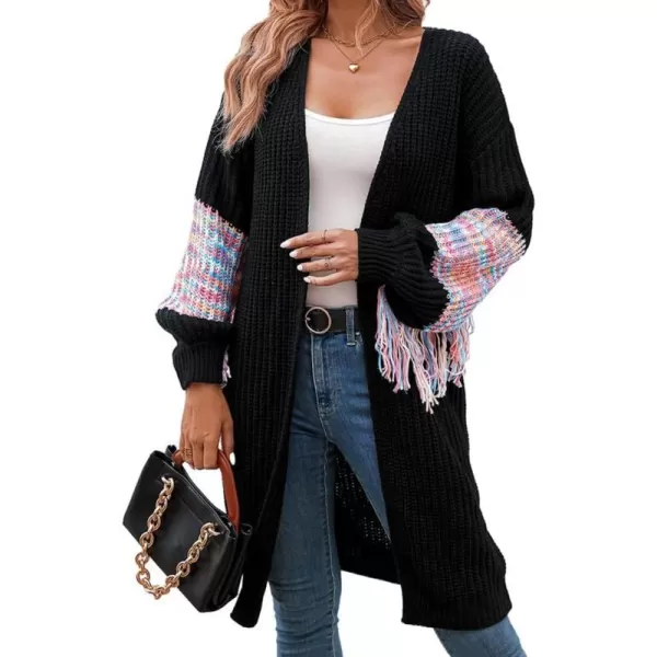 IDEALSANXUN Long Cardigan Sweater for Women Fashion V Neck Knit Fringe Long Sleeve Chunky Fall Winter Open Front CoatsBlack