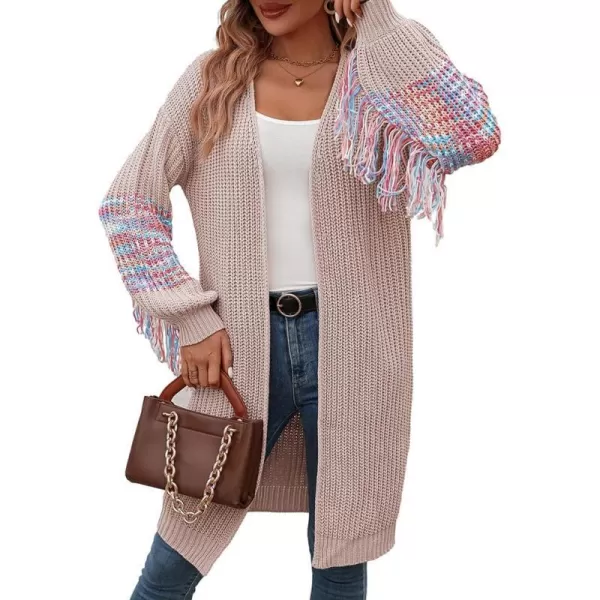 IDEALSANXUN Long Cardigan Sweater for Women Fashion V Neck Knit Fringe Long Sleeve Chunky Fall Winter Open Front CoatsGrey Pink