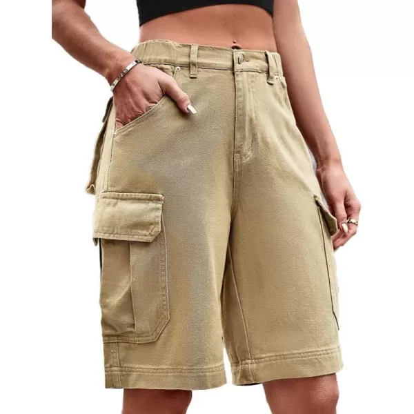 IDEALSANXUN Long Cargo Shorts for Women Summer Jean Shorts High Waisted Y2K Cool Denim ShortKhaki