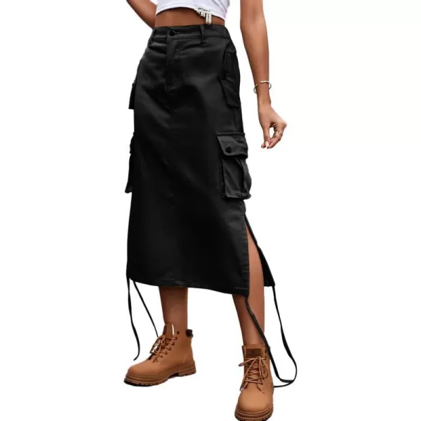 IDEALSANXUN Long Cargo Skirts for Women Fashion 2023 High Waisted Parachute Y2K Jean Denim Midi Skirt with SlitBlack