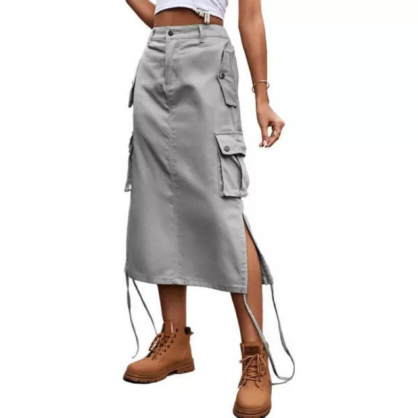 IDEALSANXUN Long Cargo Skirts for Women Fashion 2023 High Waisted Parachute Y2K Jean Denim Midi Skirt with SlitGrey