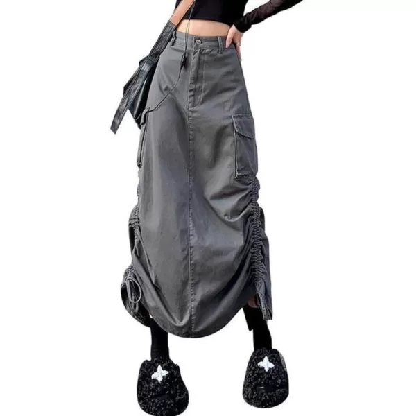 IDEALSANXUN Long Cargo Skirts for Women Trendy 2023 High Waisted Grunge Midi Y2k Skirts with Back SlitGrey