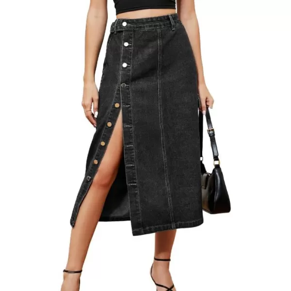 IDEALSANXUN Long Denim Skirt for Women Button Down High Waisted Fall Winter Cargo Jean Midi Skirt with SlitBlack