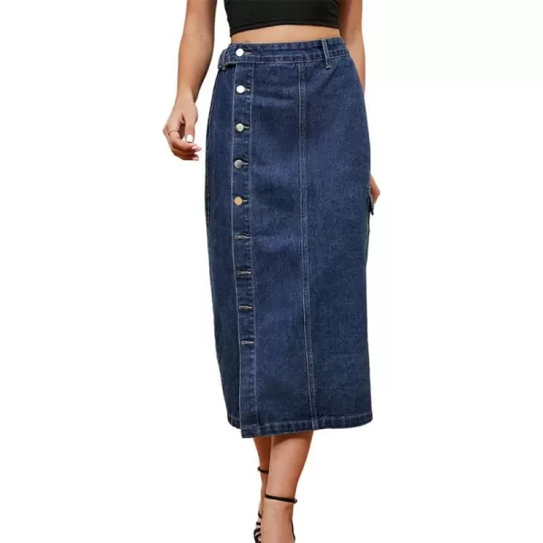 IDEALSANXUN Long Denim Skirt for Women Button Down High Waisted Fall Winter Cargo Jean Midi Skirt with SlitBlue