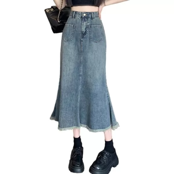 IDEALSANXUN Long Denim Skirt for Women High Waisted Frayed Hem Fall Winter 2023 Mermaid Jean Midi SkirtBlue
