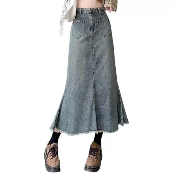 IDEALSANXUN Long Denim Skirt for Women High Waisted Frayed Hem Fall Winter 2023 Mermaid Jean Midi SkirtLight Blue