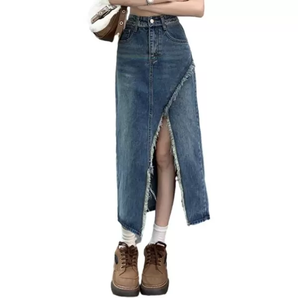 IDEALSANXUN Long Denim Skirt for Women High Waisted Frayed Hem Fall Winter 2023 Mermaid Jean Midi SkirtSlit Blue