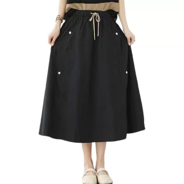 IDEALSANXUN Long Midi Skirt for Women Elastic Waist Drawstring Flowy A Line Casual Cotton Linen Skirt with PocketBlack