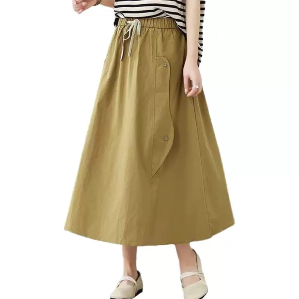 IDEALSANXUN Long Midi Skirt for Women Elastic Waist Drawstring Flowy A Line Casual Cotton Linen Skirt with PocketKhaki