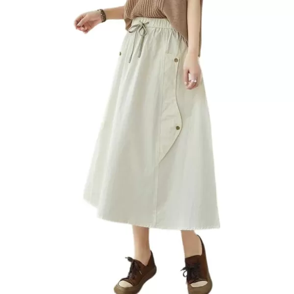 IDEALSANXUN Long Midi Skirt for Women Elastic Waist Drawstring Flowy A Line Casual Cotton Linen Skirt with PocketWhite