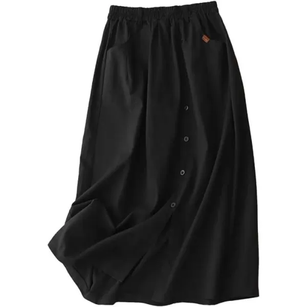 IDEALSANXUN Long Midi Skirt for Women Spring Summer 2024 High Waisted A Line Flowy Casual Slit Skirt with PocketsBlack