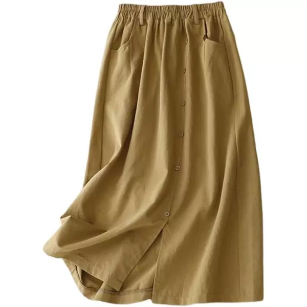 IDEALSANXUN Long Midi Skirt for Women Spring Summer 2024 High Waisted A Line Flowy Casual Slit Skirt with PocketsKhaki
