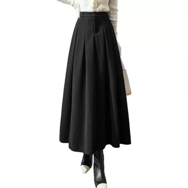 IDEALSANXUN Long Wool Skirt for Women High Waisted Pleated A Line Fall Winter 2023 Trendy Maxi SkirtBlack