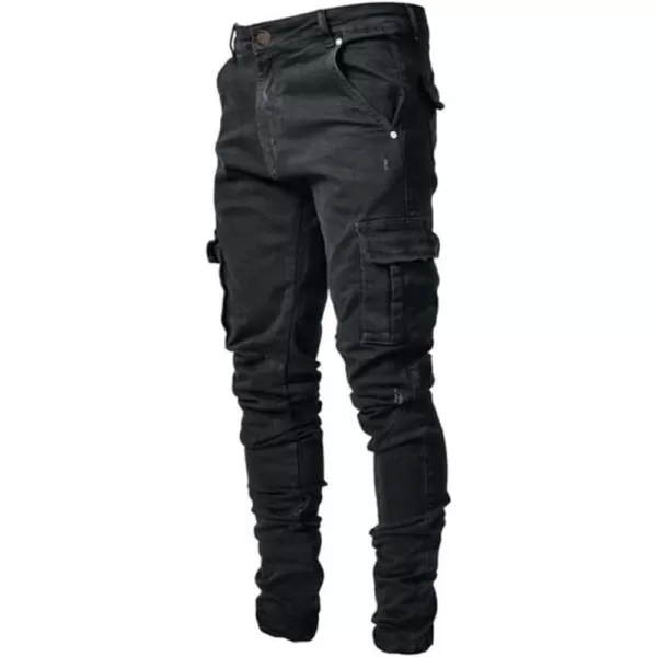 IDEALSANXUN Mens Cargo Jeans Slim Fit Skinny Ripped Jeans Denim PantsBlack