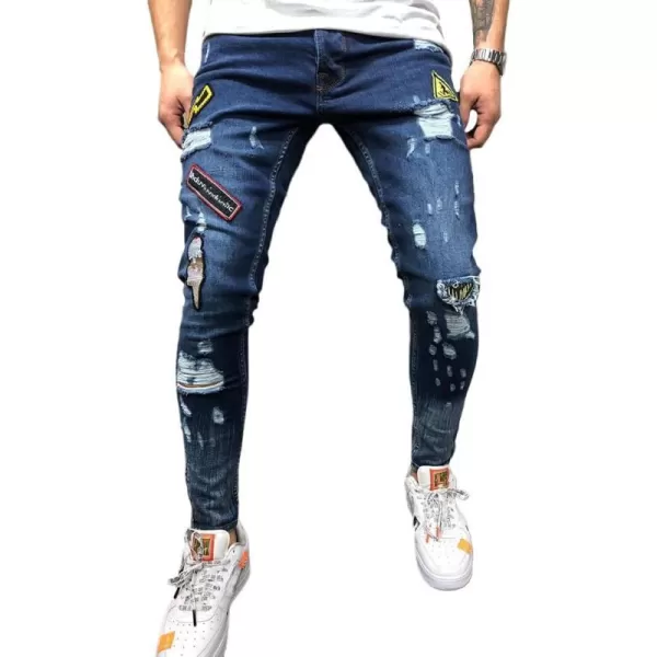 IDEALSANXUN Mens Ripped Slim Fit Stretch Pattern Tapered Leg JeansDark Blue