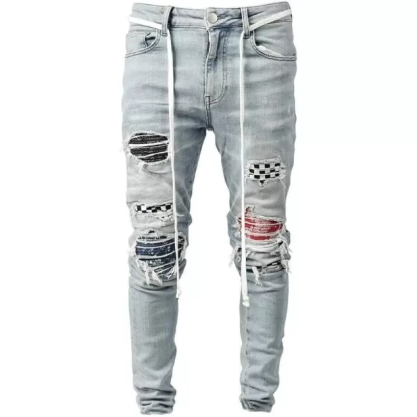 IDEALSANXUN Mens Ripped Stretch Jeans Casual Slim Fit Distressed Plaid Pattern Skinny Biker JeansBlue