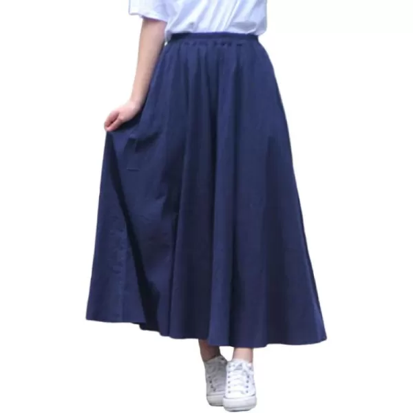IDEALSANXUN Womens Cotton Linen Skirt High Waisted A Line Long Skirt with PocketsNavy