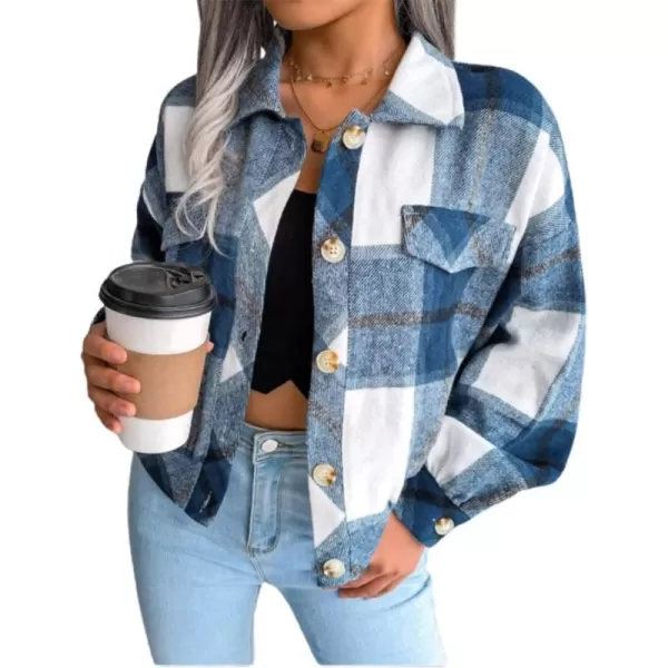 IDEALSANXUN Womens Cropped Plaid Shackets Casual Loose Flannel Button Down Shirt JacketsBlue