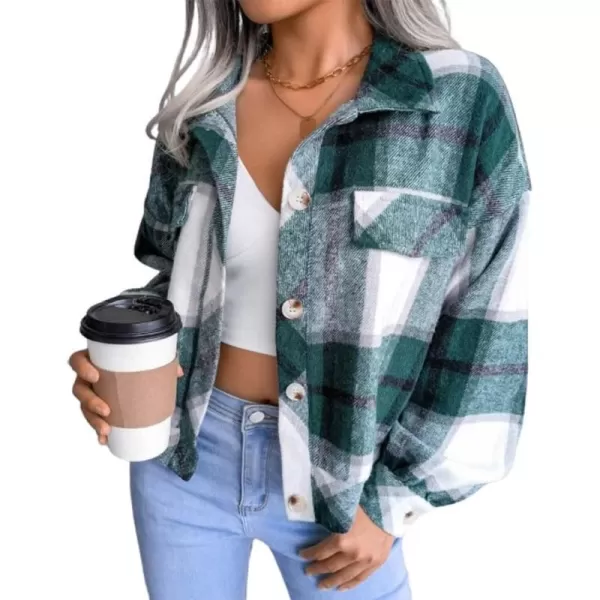 IDEALSANXUN Womens Cropped Plaid Shackets Casual Loose Flannel Button Down Shirt JacketsGreen