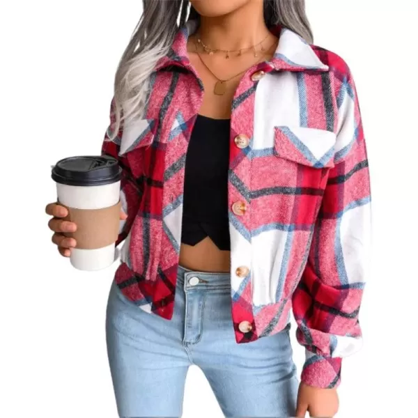 IDEALSANXUN Womens Cropped Plaid Shackets Casual Loose Flannel Button Down Shirt JacketsRed