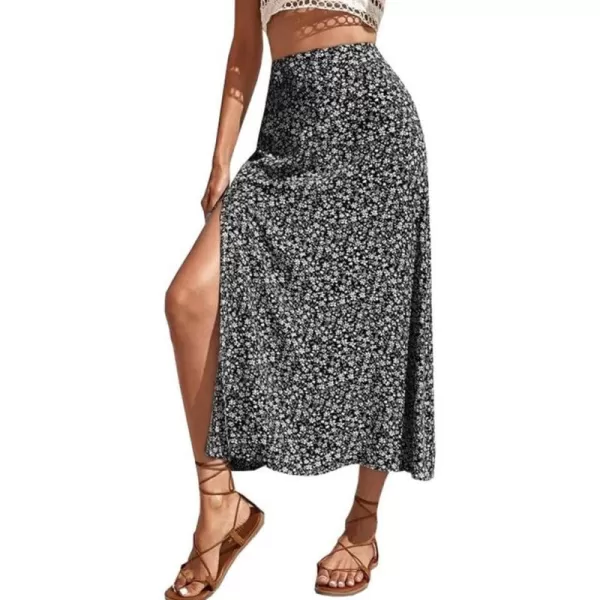 IDEALSANXUN Womens Floral Midi Skirt High Waisted A Line Bodycon Sexy Slit Pencil SkirtBlack