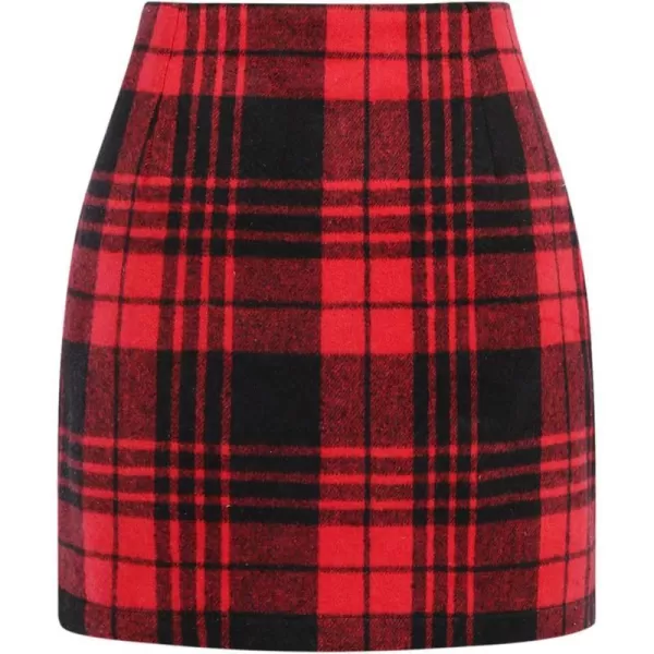 IDEALSANXUN Womens High Waist Plaid Skirt Bodycon Pencil Wool Mini SkirtsRed 02