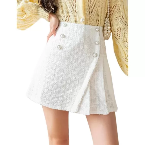 IDEALSANXUN Womens High Waisted Aline Pleated Tweed Mini Skirts 20232white