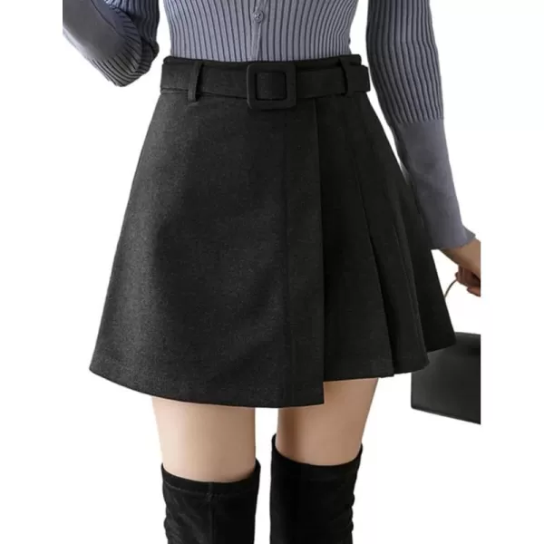 IDEALSANXUN Wool Mini Skirt for Women Fall Winter High Waisted A Line Pleated Short SkirtBlack