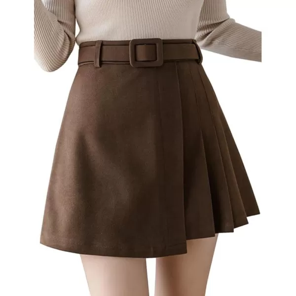 IDEALSANXUN Wool Mini Skirt for Women Fall Winter High Waisted A Line Pleated Short SkirtCoffee