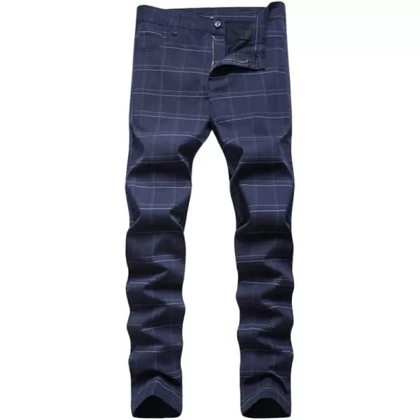 Mens Plaid Pants Casual Stretch Slim Fit Dress Chino Pants2 Blue