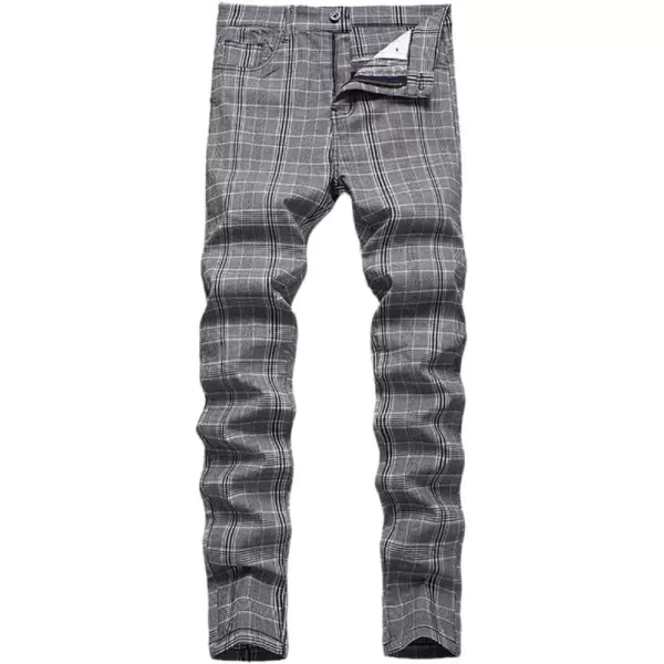 Mens Plaid Pants Casual Stretch Slim Fit Dress Chino Pants2 Grey T4