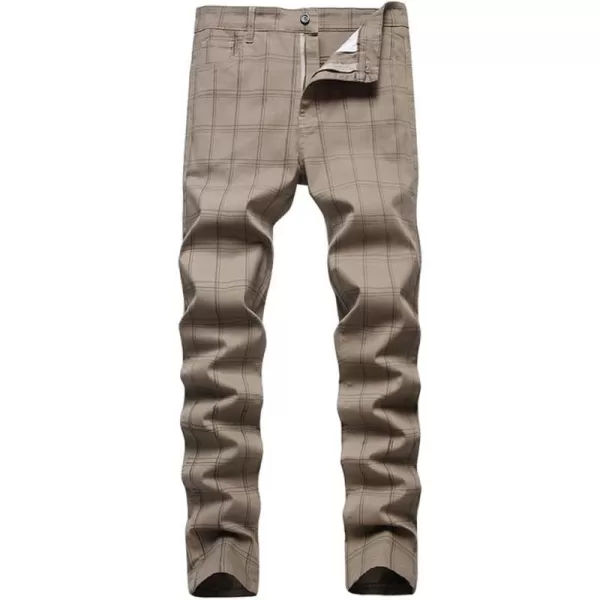 Mens Plaid Pants Casual Stretch Slim Fit Dress Chino Pants2 Khaki