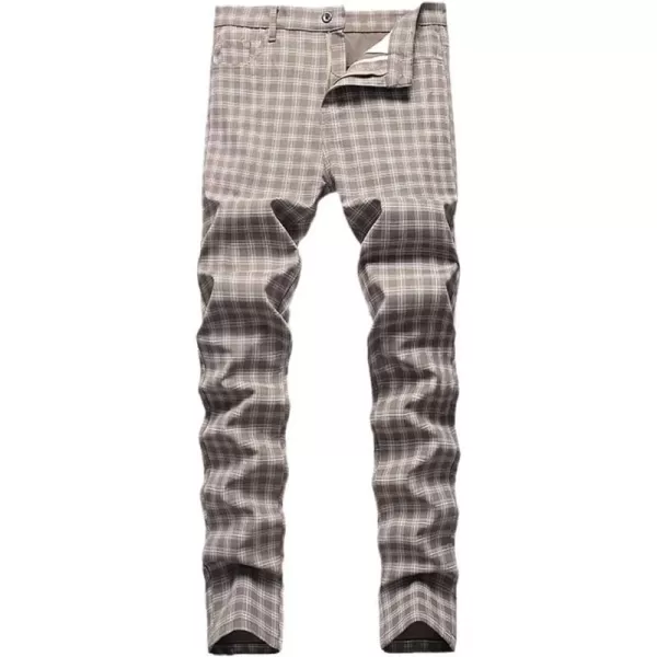 Mens Plaid Pants Casual Stretch Slim Fit Dress Chino Pants2 Khaki G3