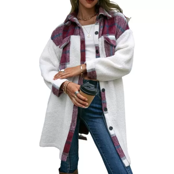 Womens Long Flannel Jacket Casual Fall Winter Patchwork Plaid Shacket Button Down Shirt Jackets CoatWine