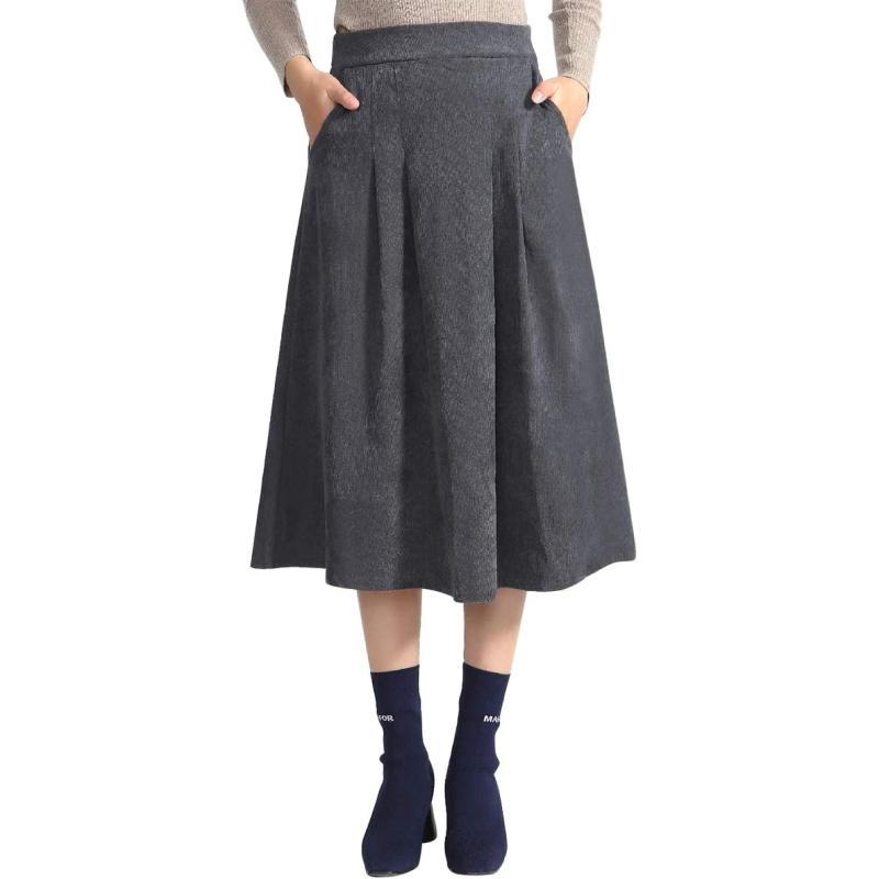 IDEALSANXUN Womens Vintage Corduroy Aline Flared Pleated Elastic Midi SkirtGrey