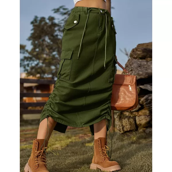 IDEALSANXUN Denim Cargo Skirt for Women 2023 Y2K High Waisted Drawstring Elastic Pencil Long Jean Skirts with Flap PocketArmy Green