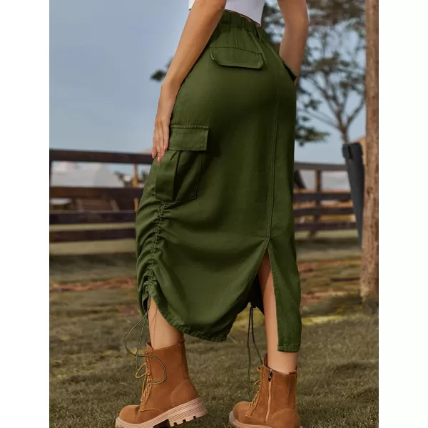 IDEALSANXUN Denim Cargo Skirt for Women 2023 Y2K High Waisted Drawstring Elastic Pencil Long Jean Skirts with Flap PocketArmy Green