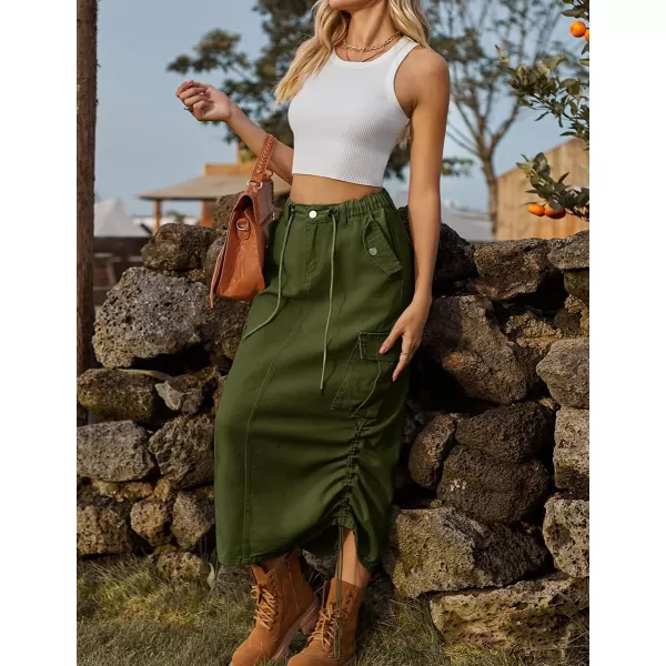 IDEALSANXUN Denim Cargo Skirt for Women 2023 Y2K High Waisted Drawstring Elastic Pencil Long Jean Skirts with Flap PocketArmy Green